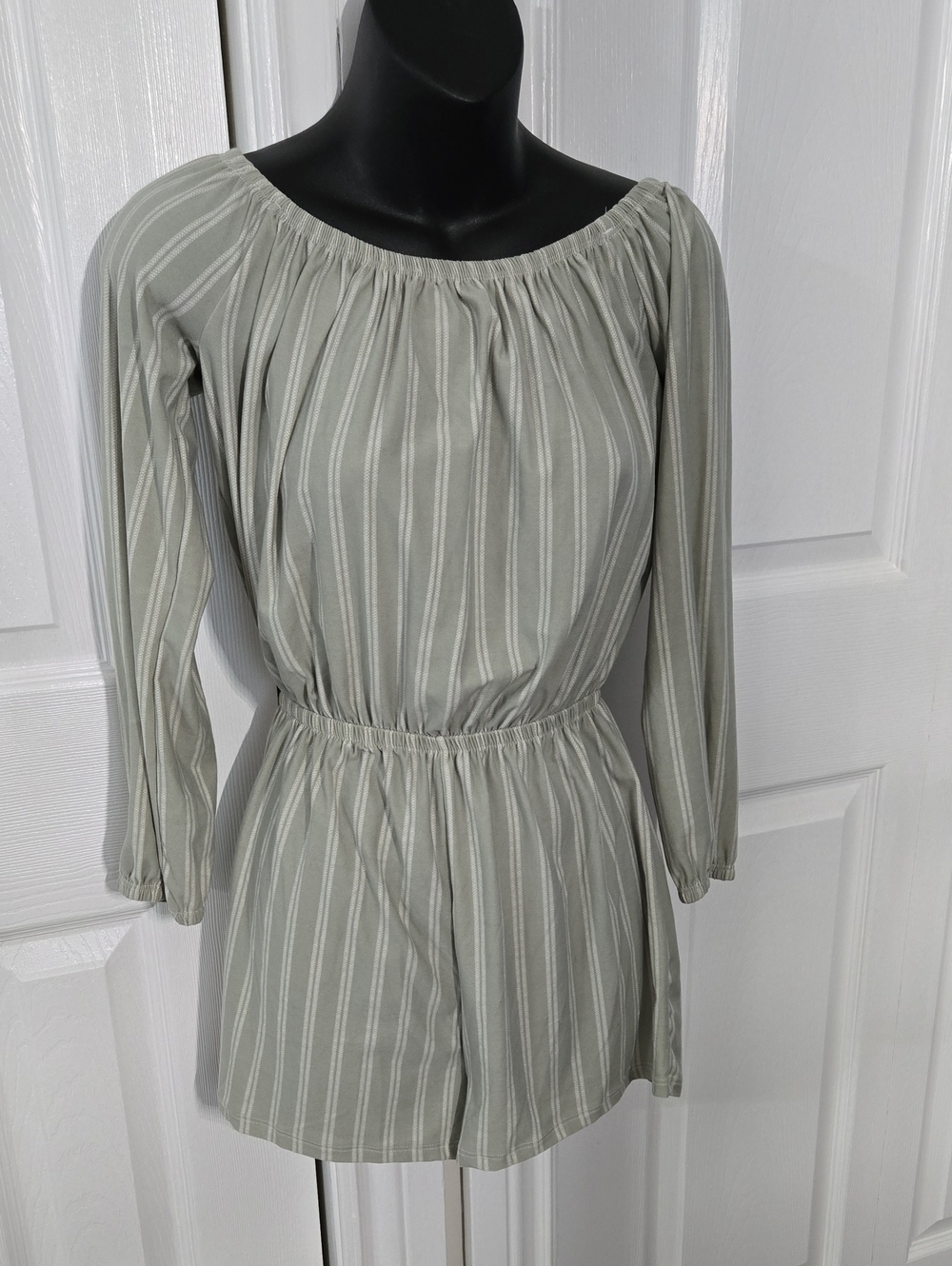 Ardene Sage Green Off-Shoulder Striped Romper